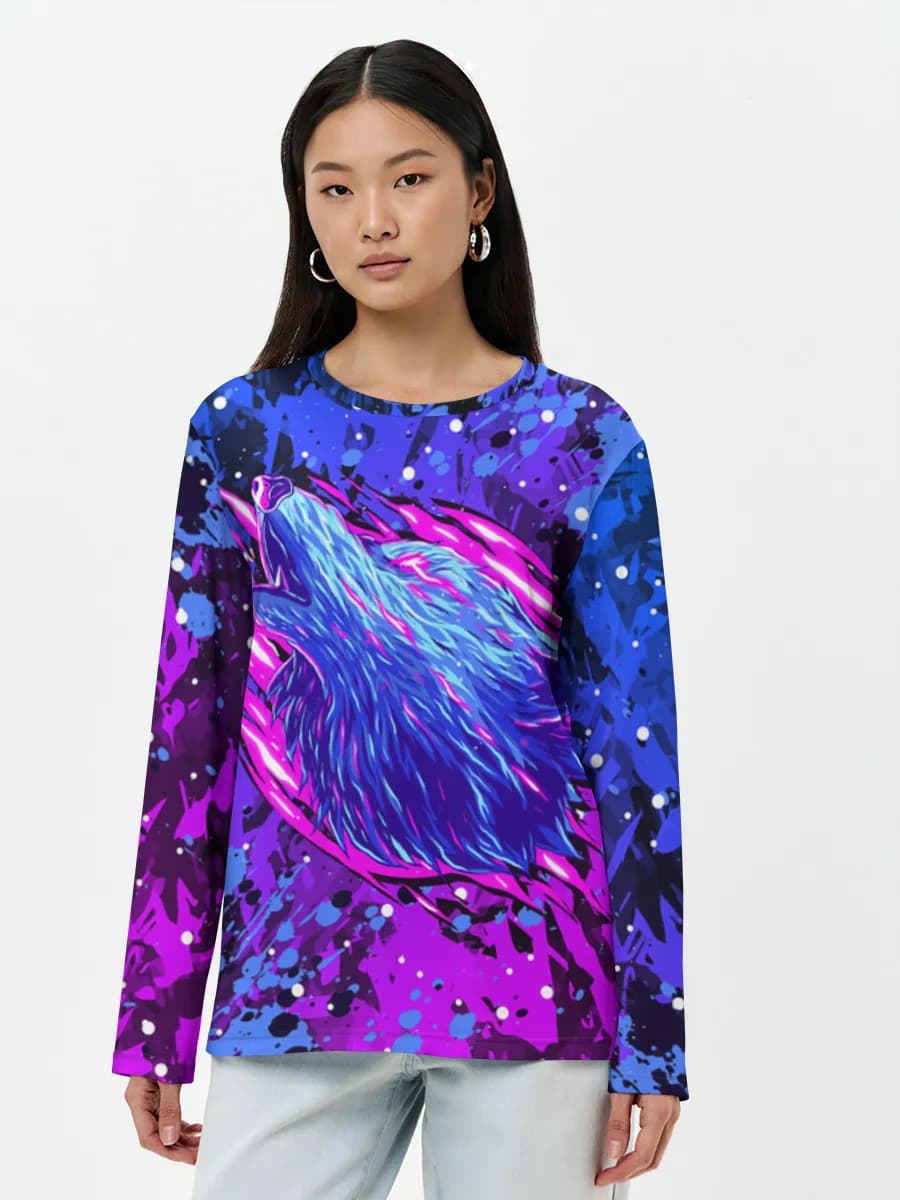 Neon Howling Wolf — Women's long sleeve shirt. Cotton with all-over print, Wolf theme