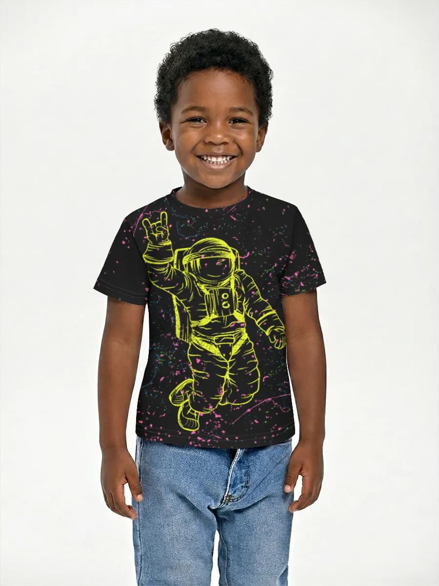 Neon Astronaut Rock On — Children's cotton T-shirt (for boys. Copy) with all-over print, Space theme