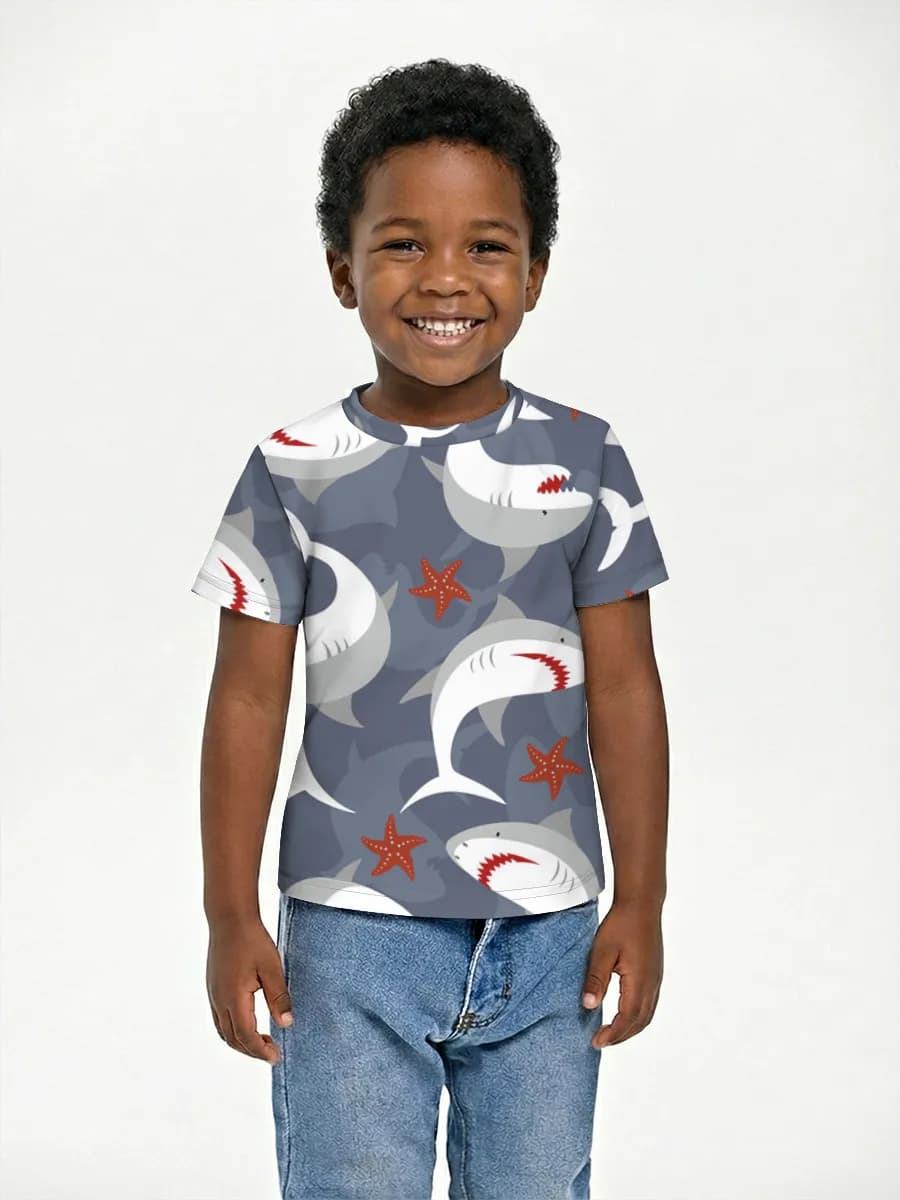 Playful Shark School — Children's cotton T-shirt (for boys. Copy) with all-over print, Sharks theme