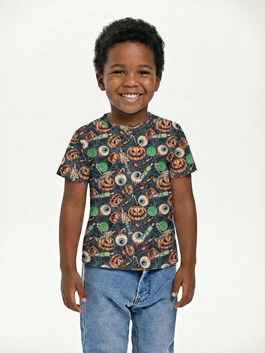 Spooky Halloween Candy Collage — Children's cotton T-shirt (for boys. Copy) with all-over print, Holidays theme