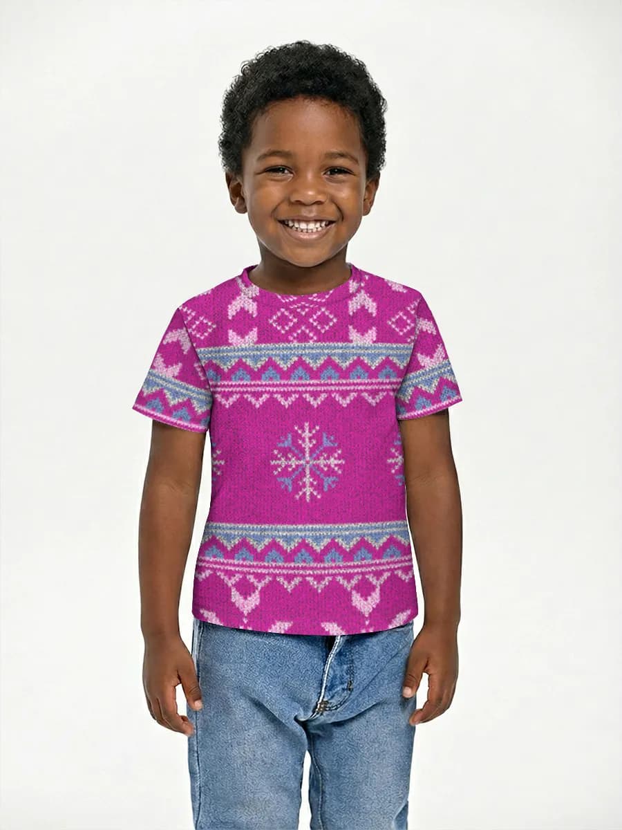 Pink Fair Isle Snowflakes — Children's cotton T-shirt (for boys. Copy) with all-over print, Winter theme