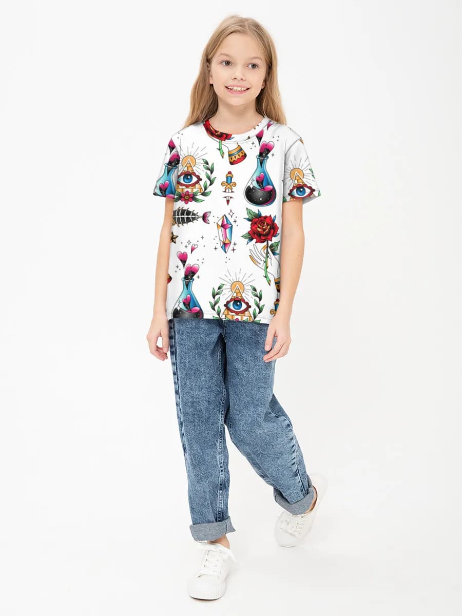 Occult Tattoo Flash Icons — Children's cotton T-shirt (for girls. Copy) with all-over print, Tattoo theme