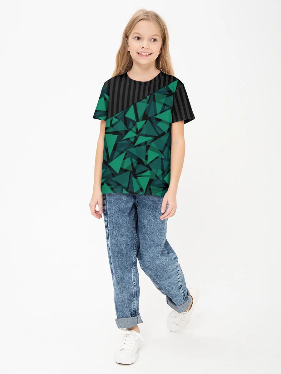 Teal Geometric Triangles — Children's cotton T-shirt (for girls. Copy) with all-over print, Geometric theme