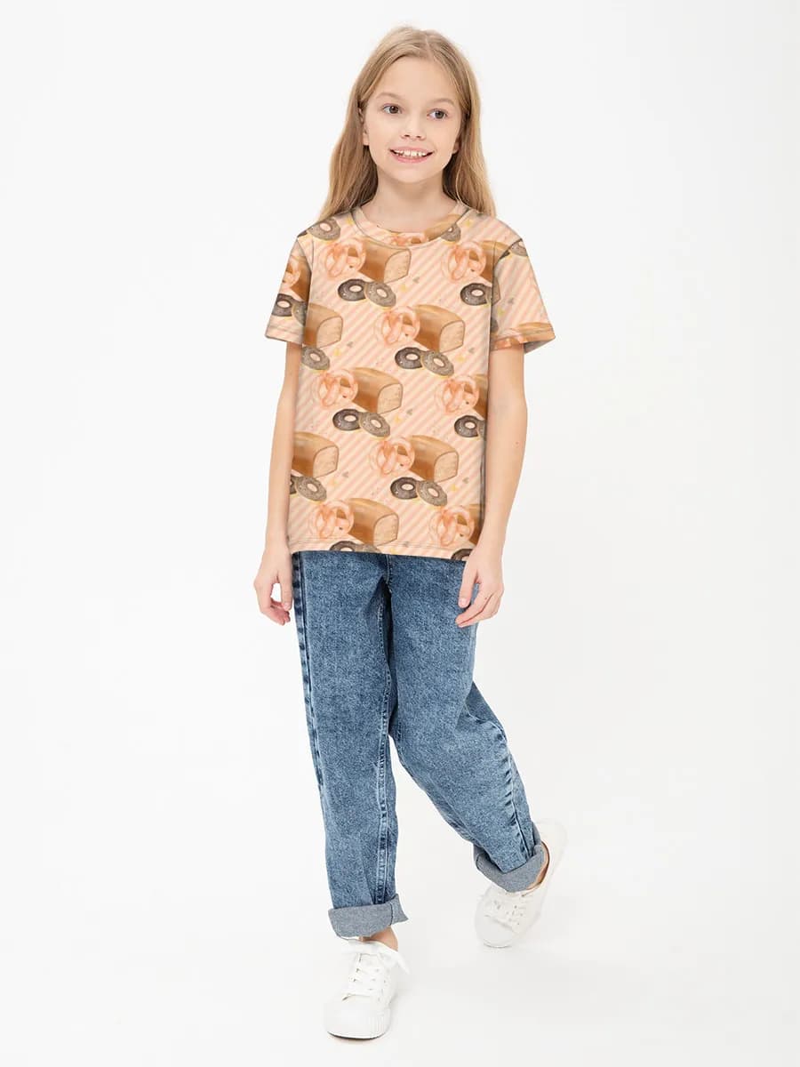 Pretzels And Bread Treats — Children's cotton T-shirt (for girls. Copy) with all-over print, Bakery theme