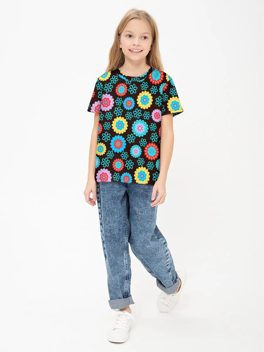 Groovy Retro Flower Doodles — Children's cotton T-shirt (for girls. Copy) with all-over print, Floral theme
