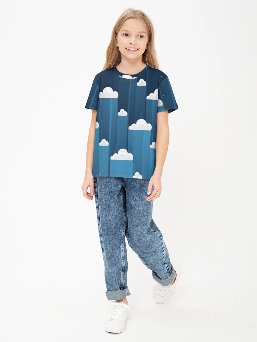 Falling Clouds Night Sky — Children's cotton T-shirt (for girls. Copy) with all-over print, Clouds theme