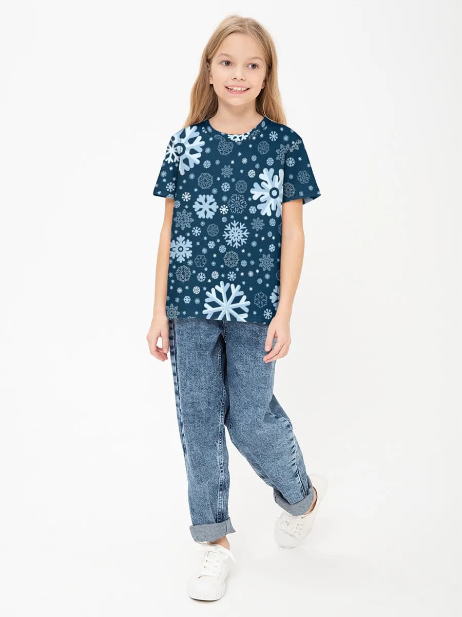 Winter Snowflakes Background — Children's cotton T-shirt (for girls. Copy) with all-over print, Snowflakes theme