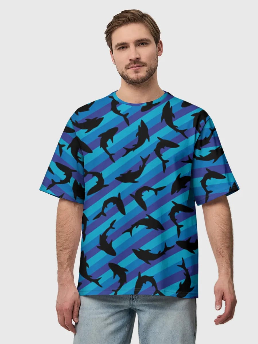Siluetas de tiburones en azul