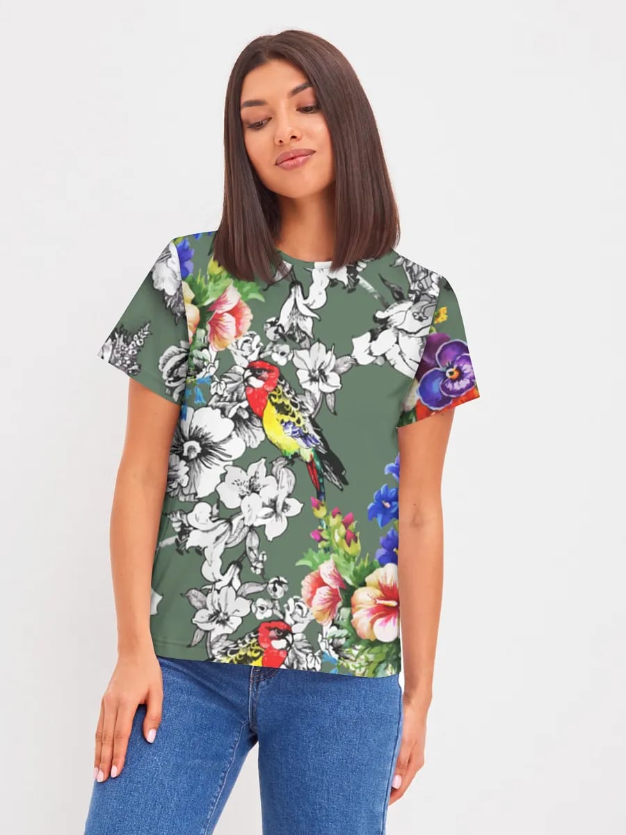 Bunte Vögel und Blüten