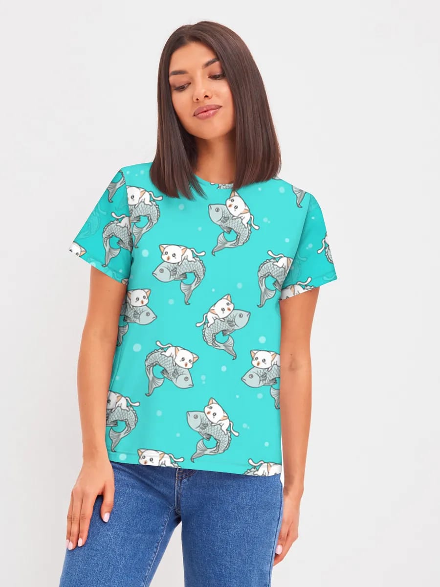 Kawaii Cat Riding Koi