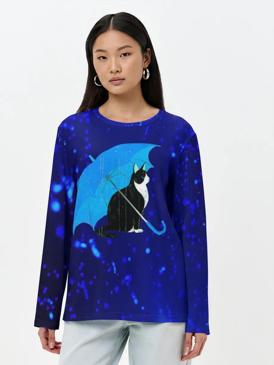 Katze mit blauem Regenschirm
