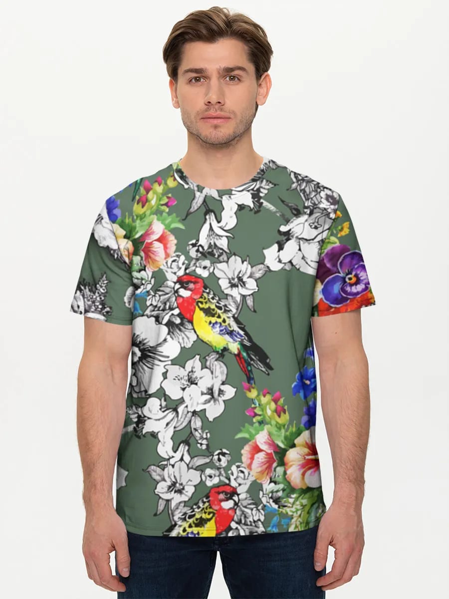 Bunte Vögel und Blüten