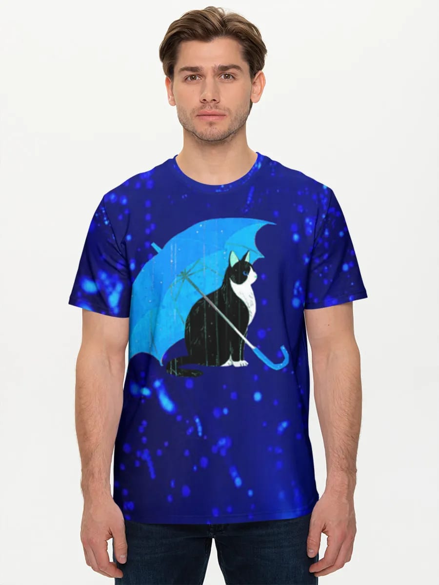 Katze mit blauem Regenschirm