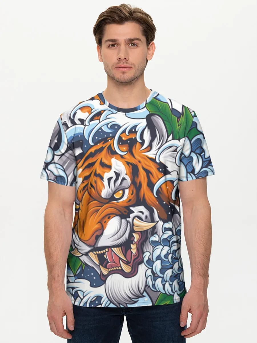 Brüllender Tiger und Chrysanthemen
