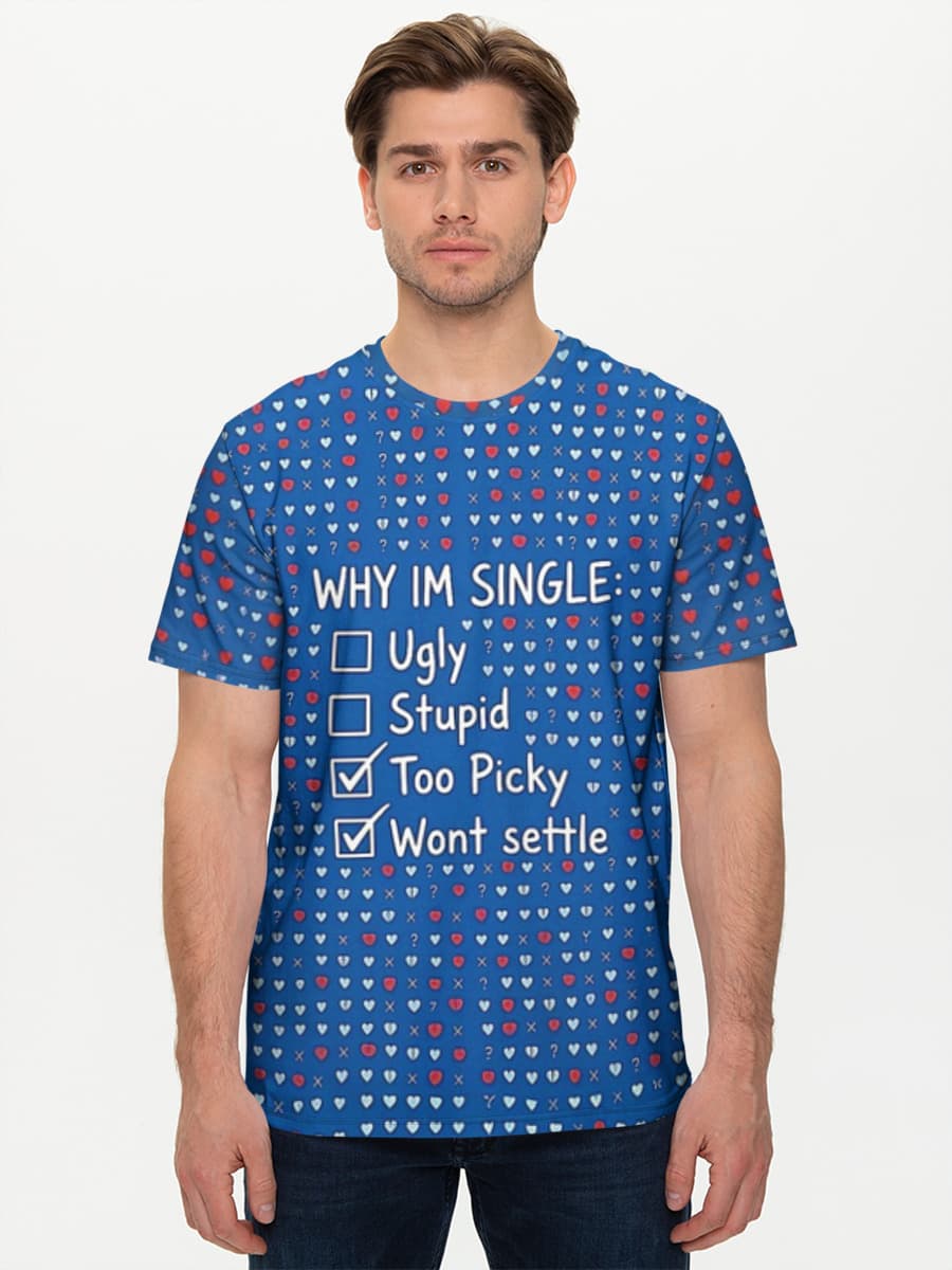 Single and Unbothered — Men's basic cotton T-shirt with all-over print, Relationshiphumor theme