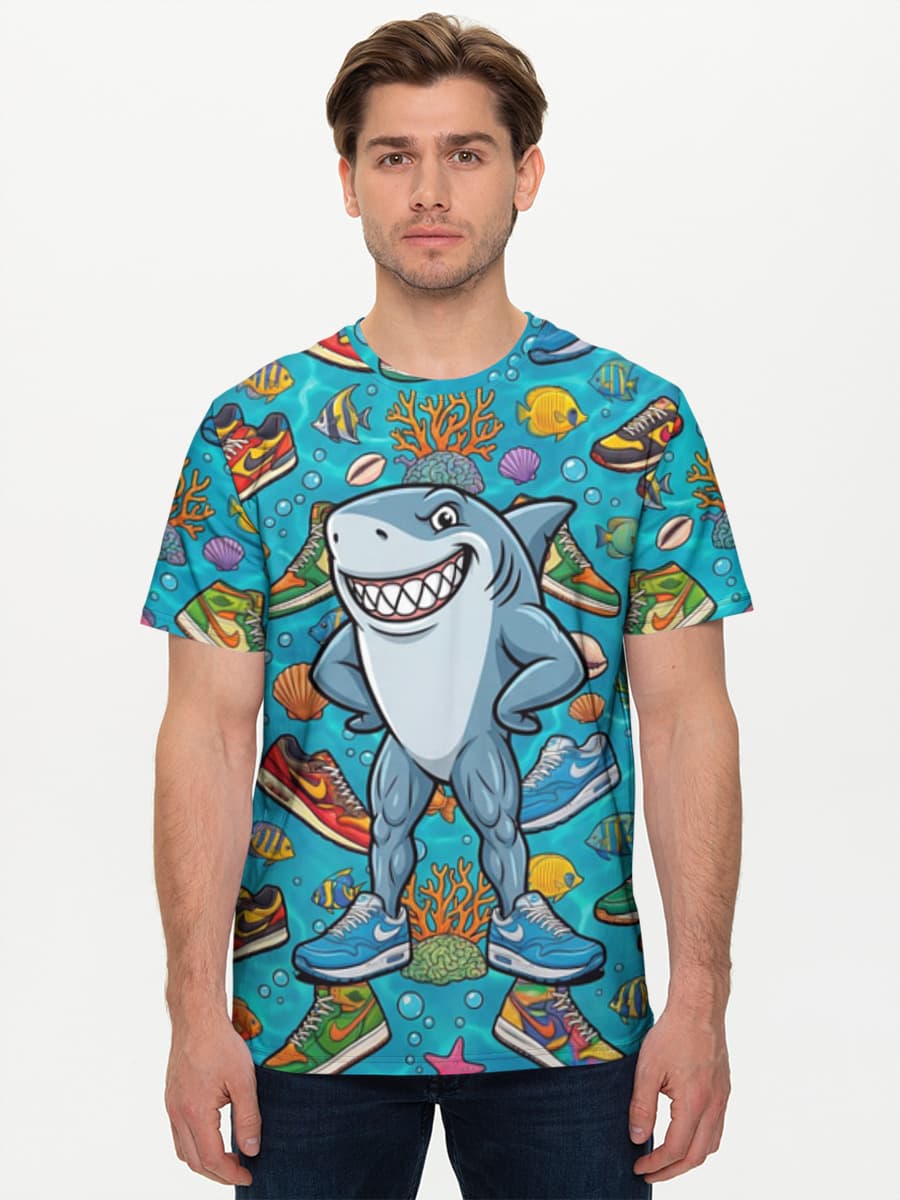 Tralalero Tralala Vibes — Men's basic cotton T-shirt with all-over print, Playful Design theme