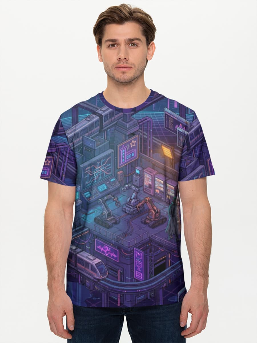 REPLACED — Neon Pixel Dystopia Retrofuture — Men's basic cotton T-shirt with all-over print, Cyberpunk theme