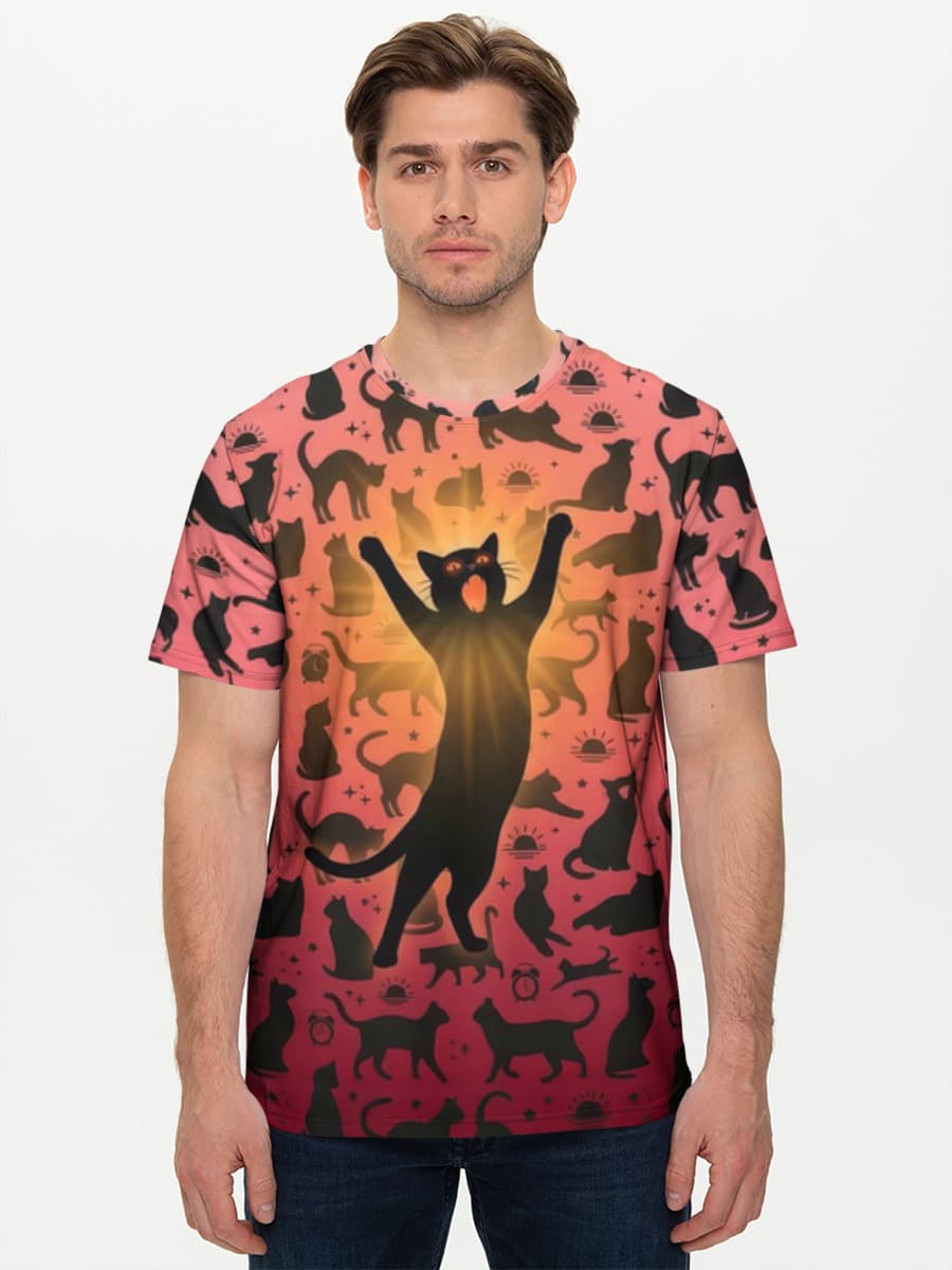 Black Cats Wake Up — Men's basic cotton T-shirt with all-over print, Black Cat theme