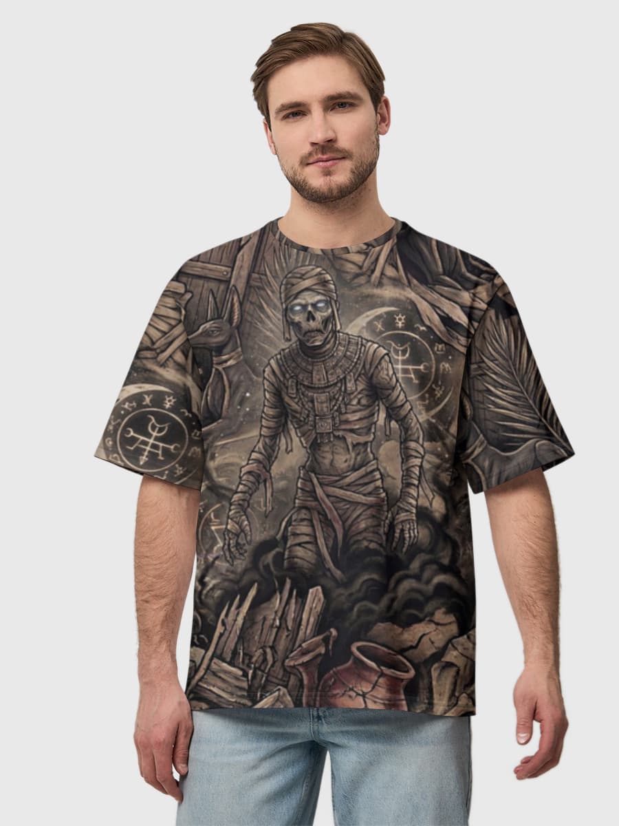 Mummycore 2026 — Ancient Curse Horror Revival — Men's oversized cotton T-shirt with all-over print, Horror theme