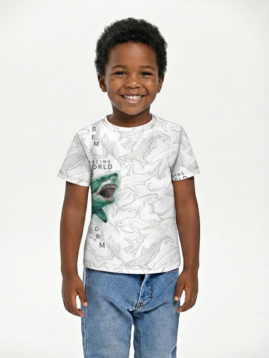 Shark Amazing World — Children's cotton T-shirt (for boys. Copy) with all-over print, Marina theme
