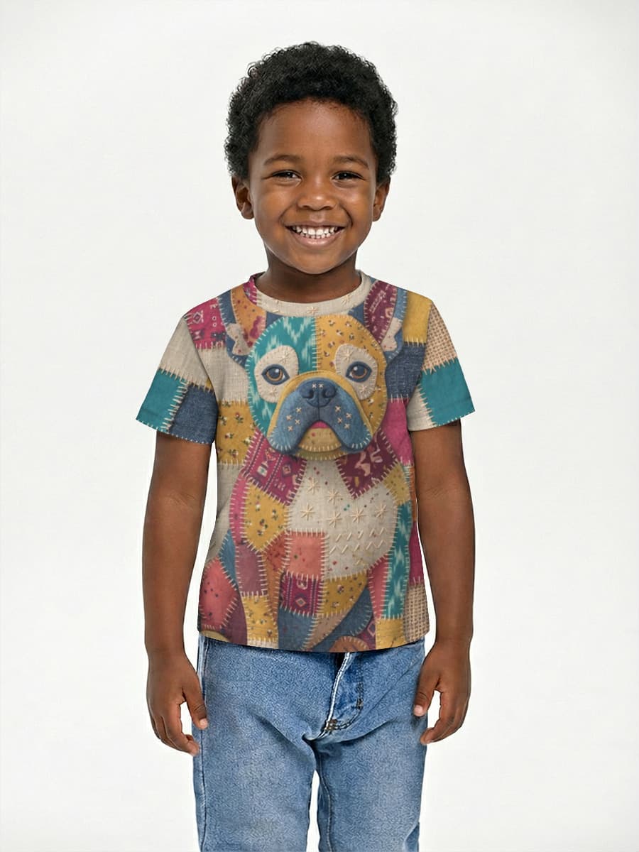 Patchwork Bulldog Attitude — Children's cotton T-shirt (for boys. Copy) with all-over print, Bulldog theme