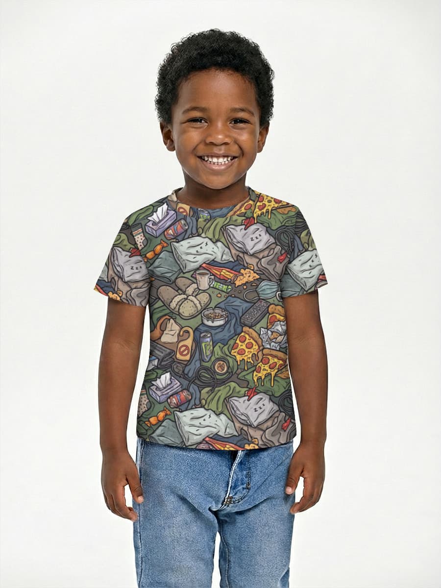 Goblin Mode — Unapologetic Indulgence Allover — Children's cotton T-shirt (for boys. Copy) with all-over print, Junk Food theme