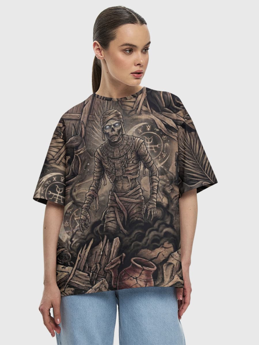 Mummycore 2026 — Ancient Curse Horror Revival — Women's oversized cotton T-shirt with all-over print, Horror theme