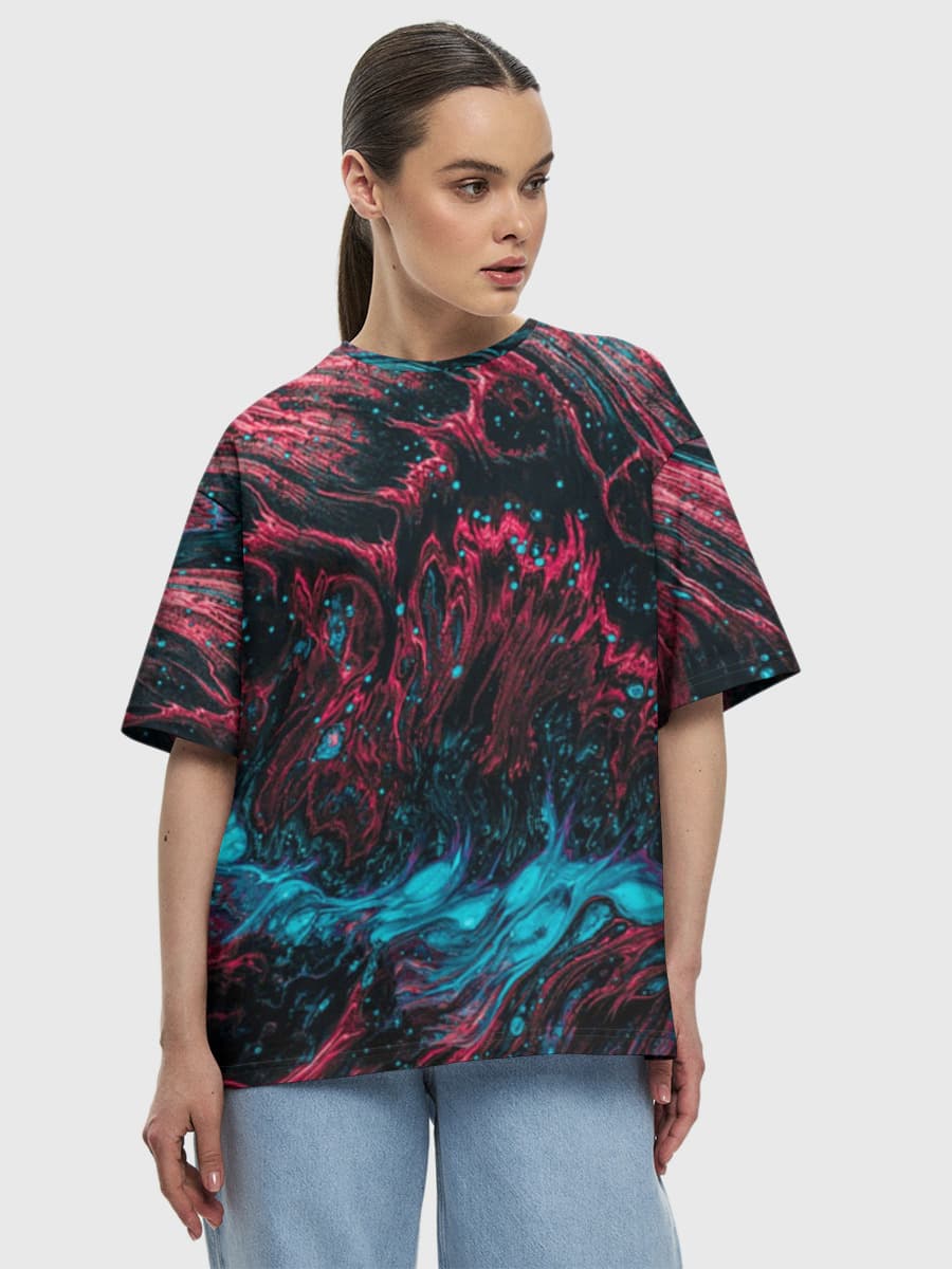 Neon Cosmic Fluid Art — Women's oversized cotton T-shirt with all-over print, Abstract theme