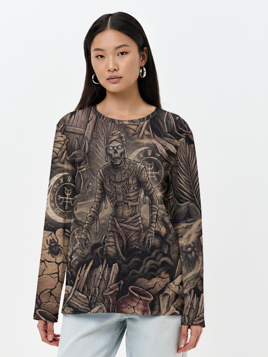 Mummycore 2026 — Ancient Curse Horror Revival — Women's long sleeve shirt. Cotton with all-over print, Horror theme