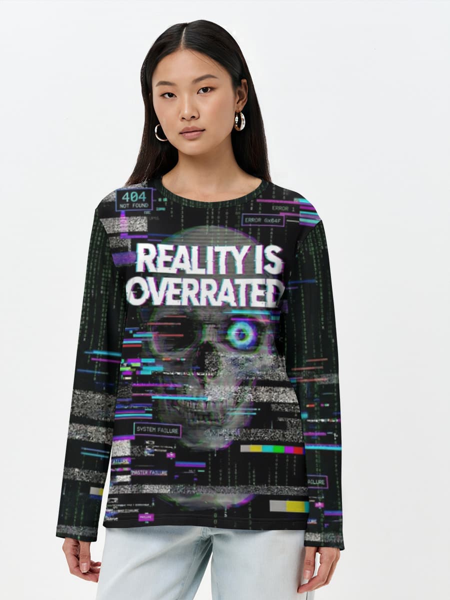 Reality Overrated Glitch — Women's long sleeve shirt. Cotton with all-over print, Glitch Art theme