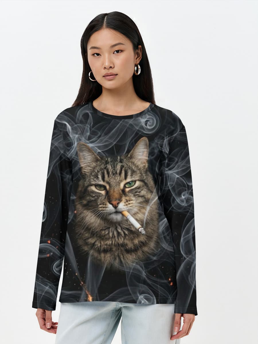 Cat Smoking — Women's long sleeve shirt. Cotton with all-over print, Cats theme