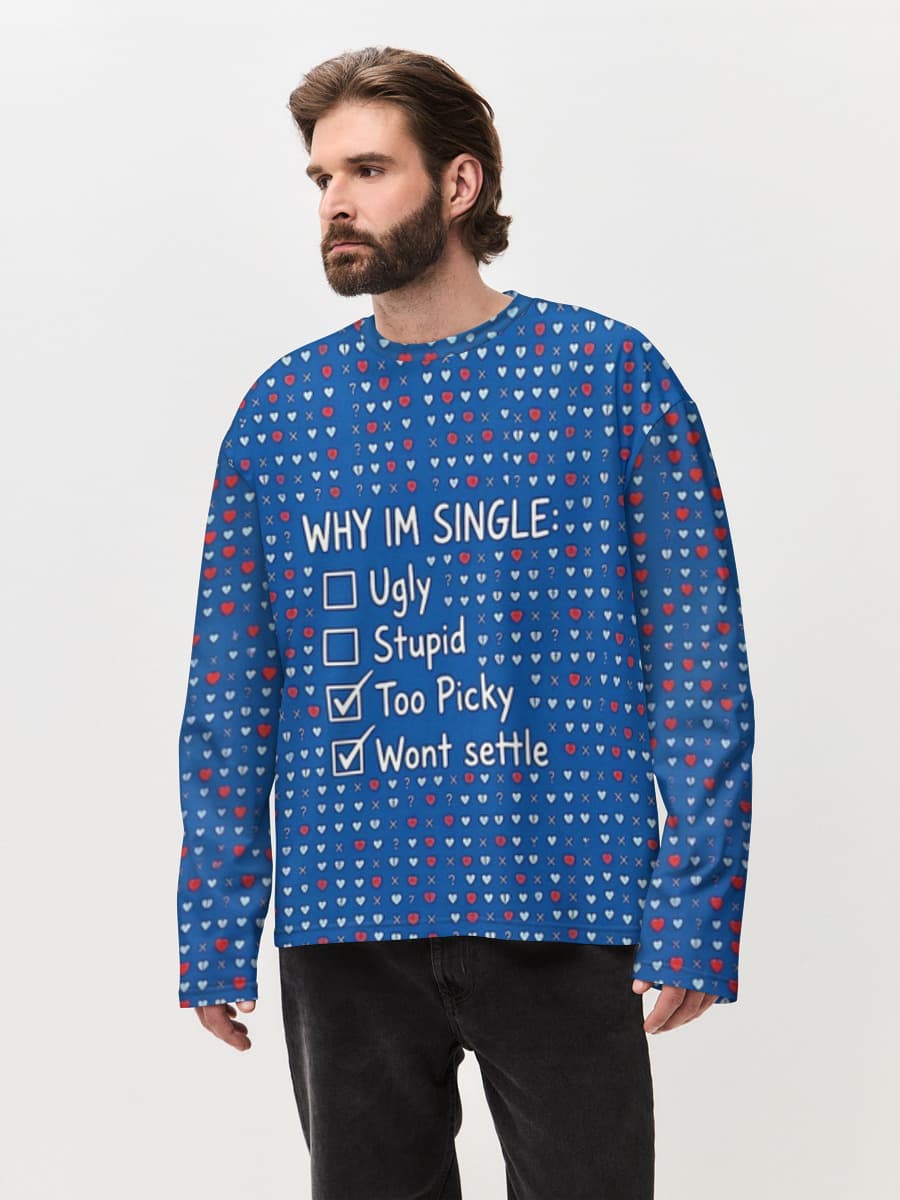 Single and Unbothered — Men's oversized cotton long sleeve with all-over print, Relationshiphumor theme