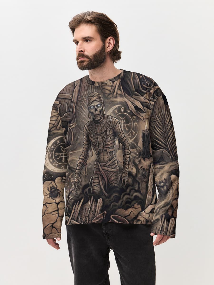 Mummycore 2026 — Ancient Curse Horror Revival — Men's oversized cotton long sleeve with all-over print, Horror theme