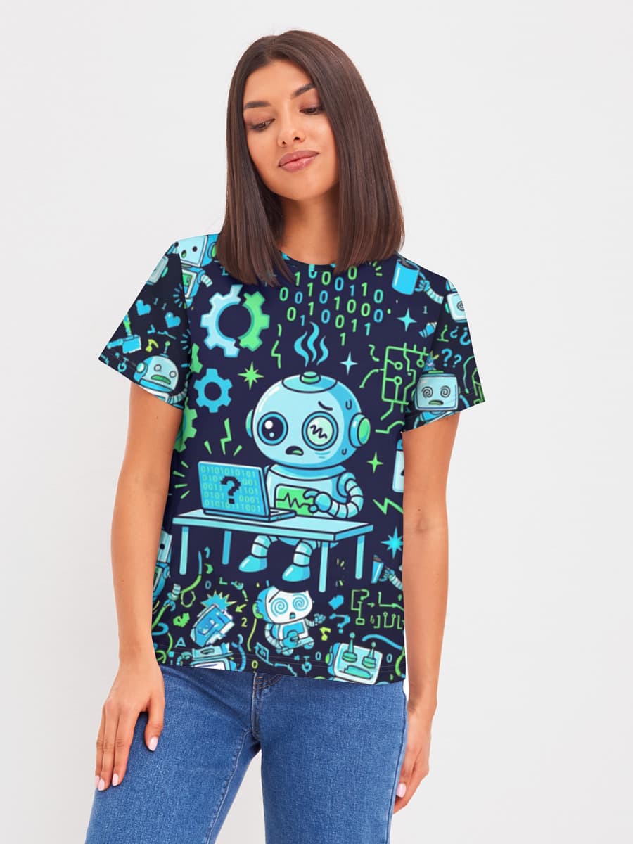 AI Humor Chaos Mode — Women's basic cotton T-shirt with all-over print, Internet Humor theme