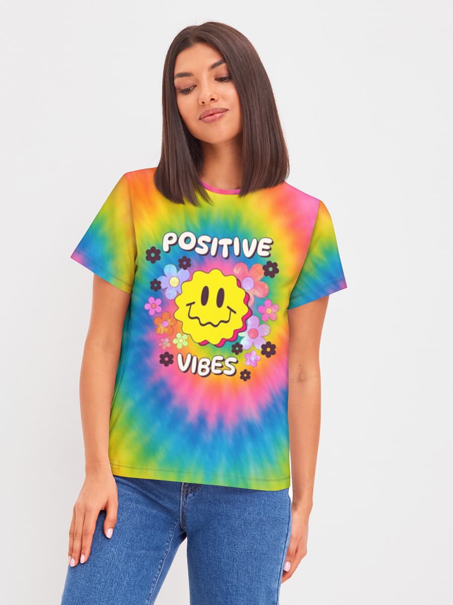 Rainbow Positive Vibes — Women's basic cotton T-shirt with all-over print, Rainbow theme