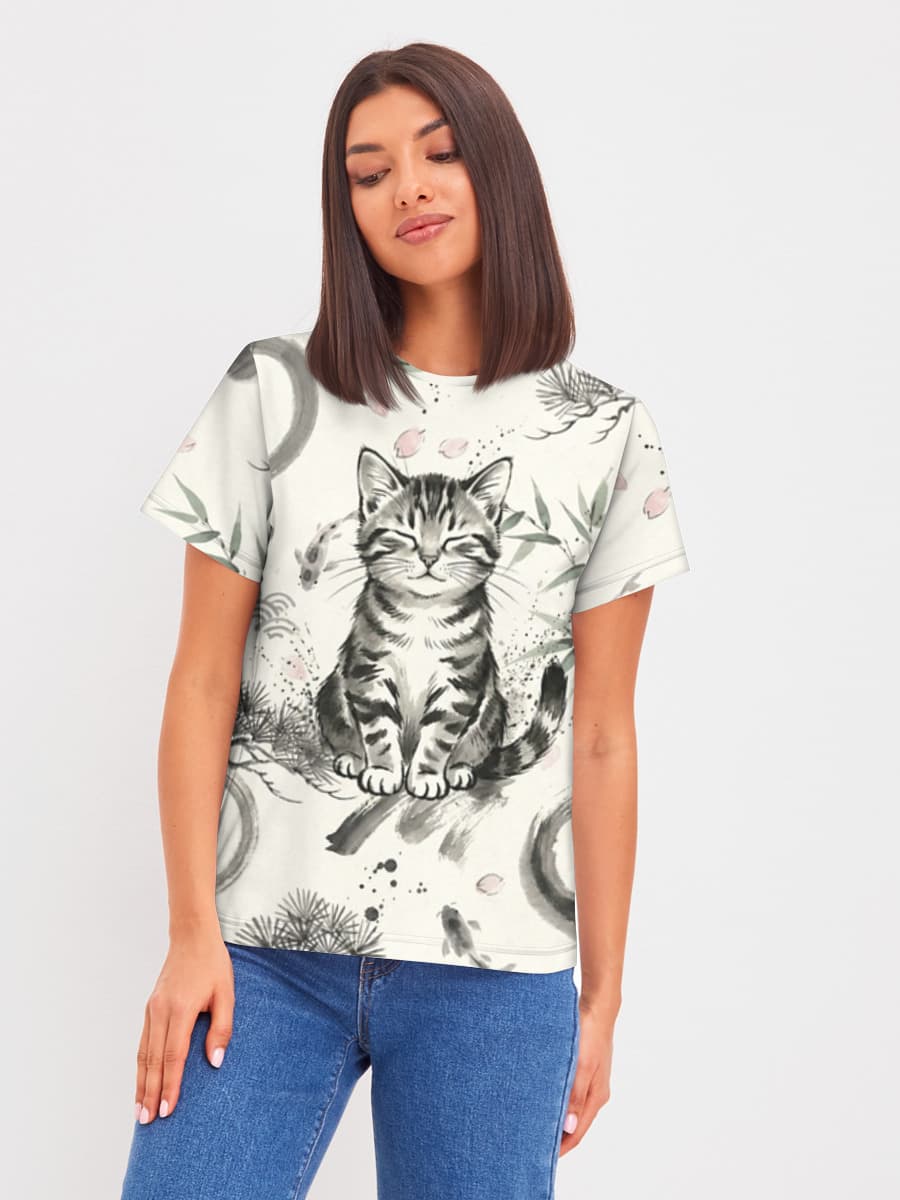 Sage Cat — Women's basic cotton T-shirt with all-over print, Cats theme