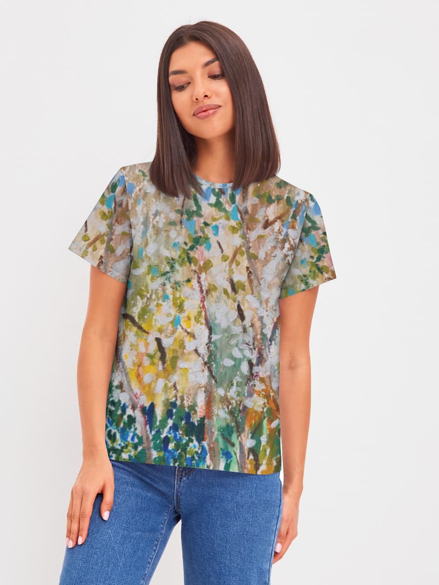 Cherry Blossom Artistic Painting — Women's basic cotton T-shirt with all-over print, Floral theme