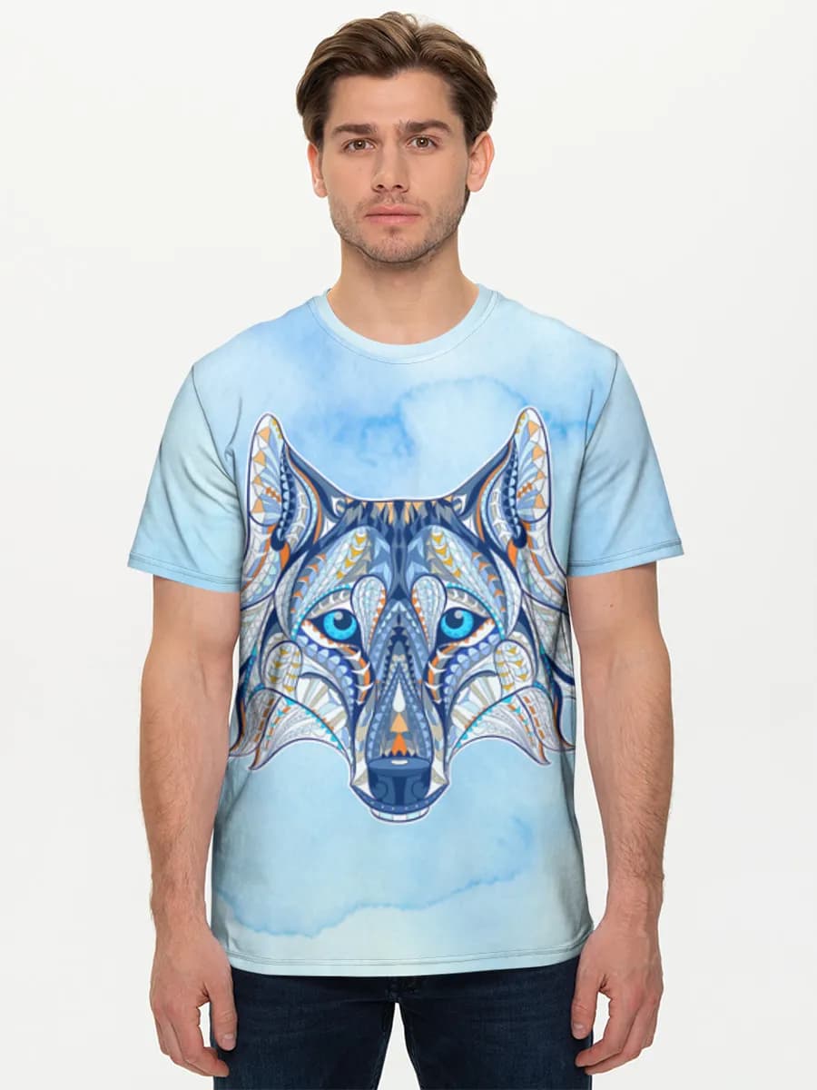 Blue Geometric Wolf Head — Men's basic cotton T-shirt with all-over print, Wolf theme