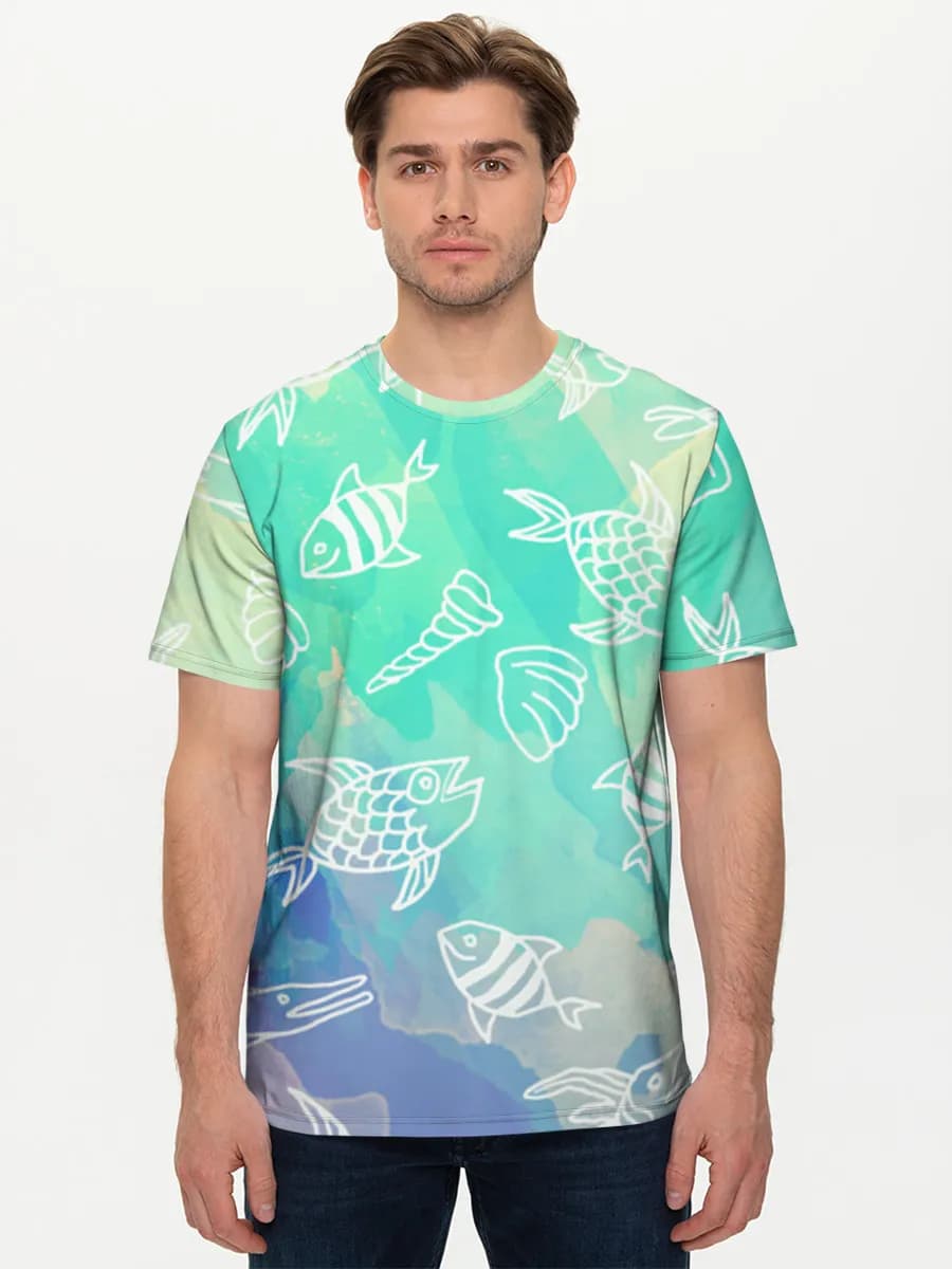 Pastel Ocean Fish Doodles — Men's basic cotton T-shirt with all-over print, Ocean theme