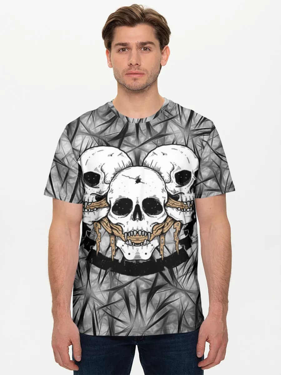 Triple Skull Horror — Men's basic cotton T-shirt with all-over print, Skulls theme