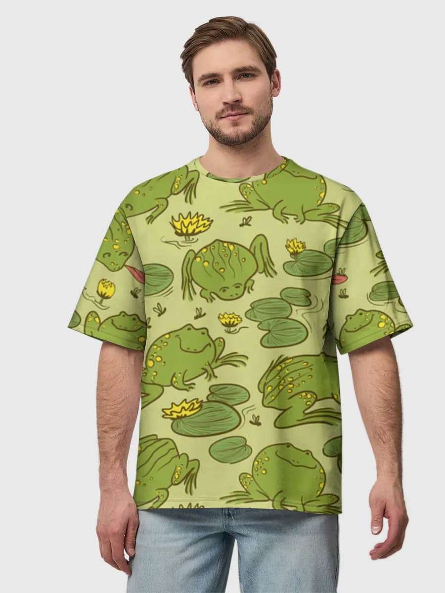 Cute Frogs And Lily Pads — Men's oversized cotton T-shirt with all-over print, Frog theme