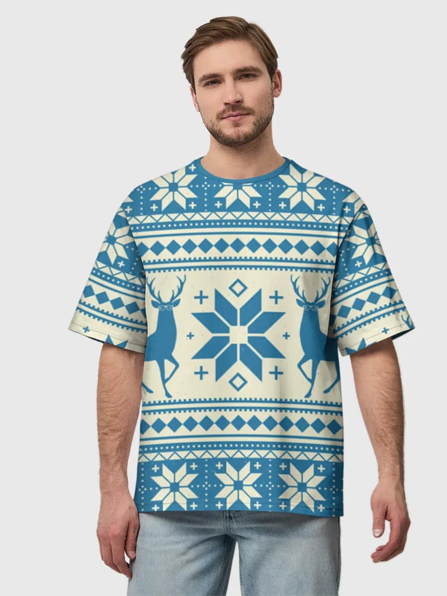 Scandi Reindeer Winter Knit — Men's oversized cotton T-shirt with all-over print, Holidays theme