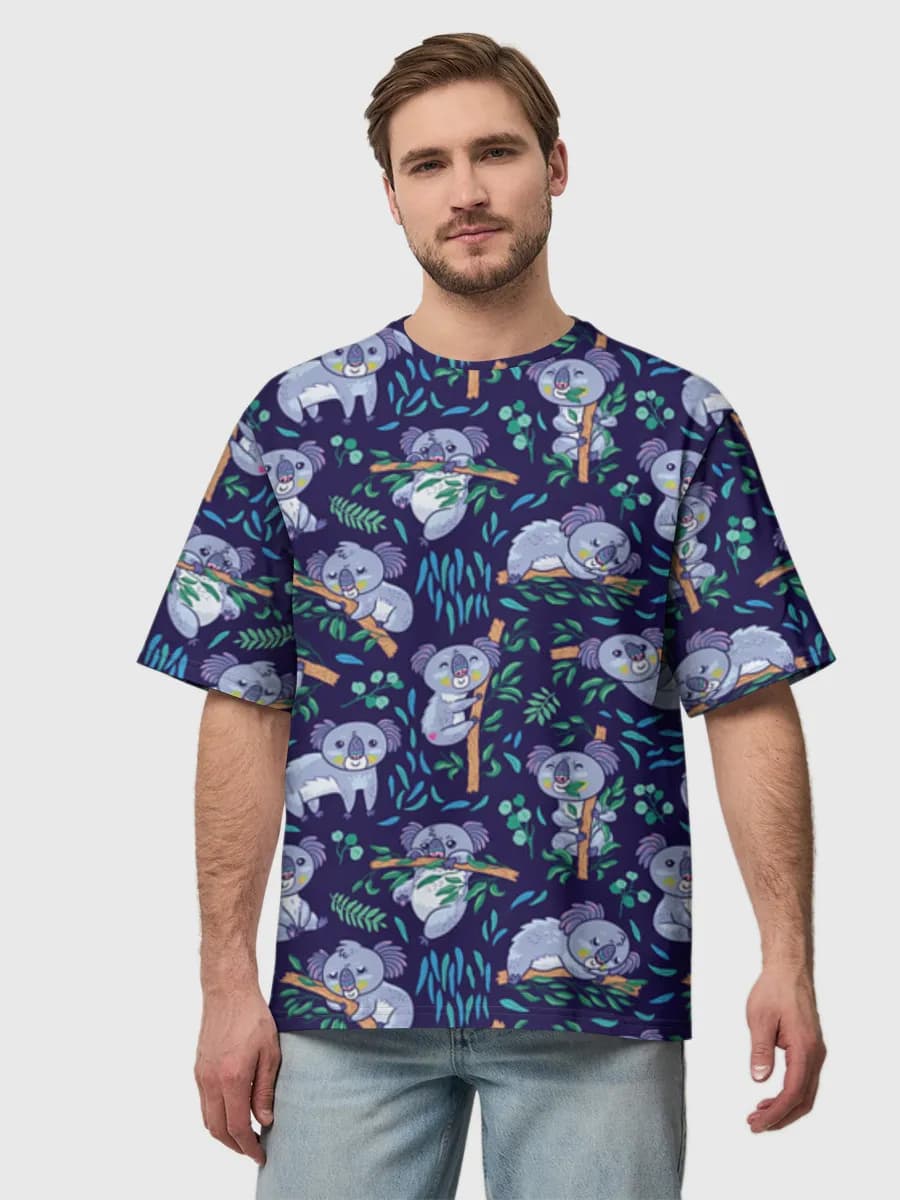 Cute Koalas And Eucalyptus — Men's oversized cotton T-shirt with all-over print, Koala theme