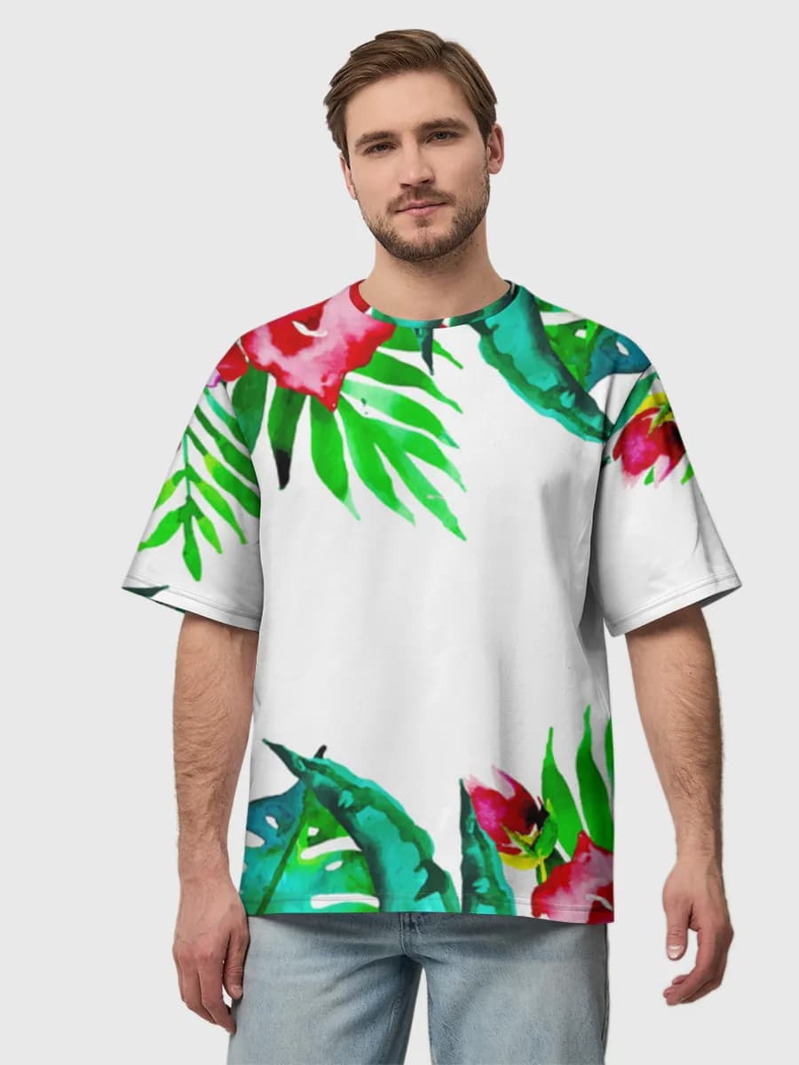 Watercolor Tropical Floral Border — Men's oversized cotton T-shirt with all-over print, Nature theme