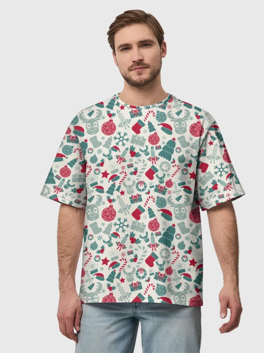 Festive Christmas Icons — Men's oversized cotton T-shirt with all-over print, Holidays theme