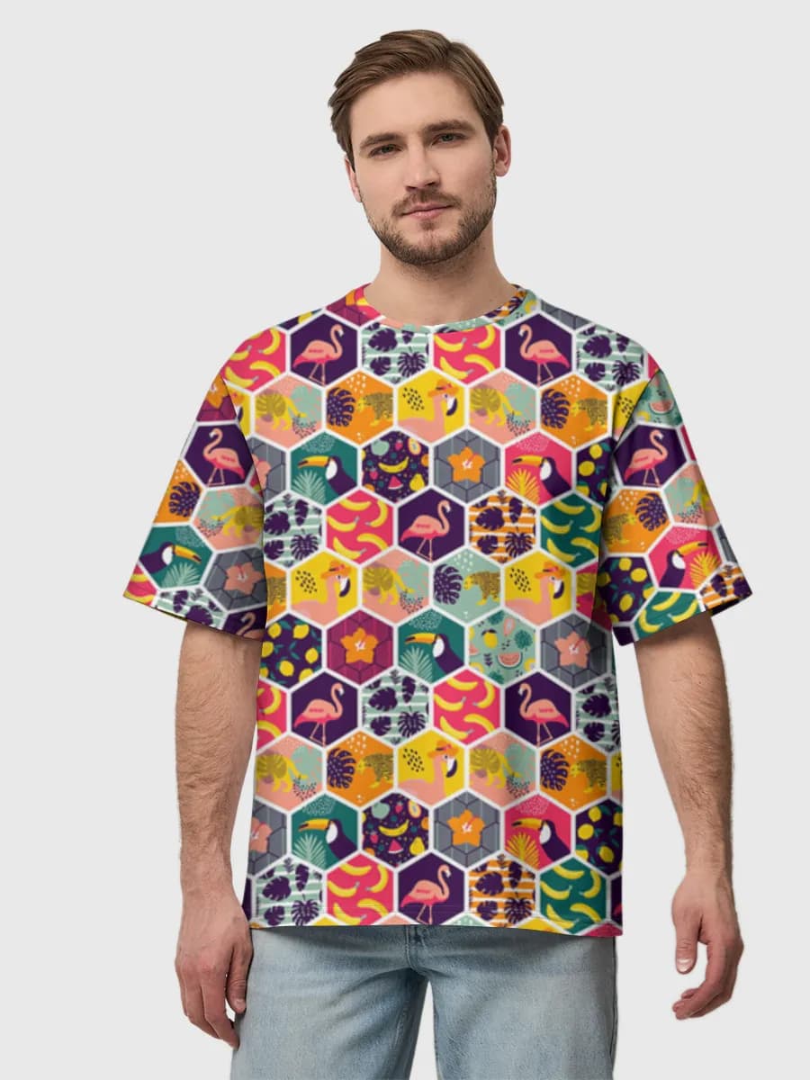 Tropical Hexagon Collage — Men's oversized cotton T-shirt with all-over print, Nature theme