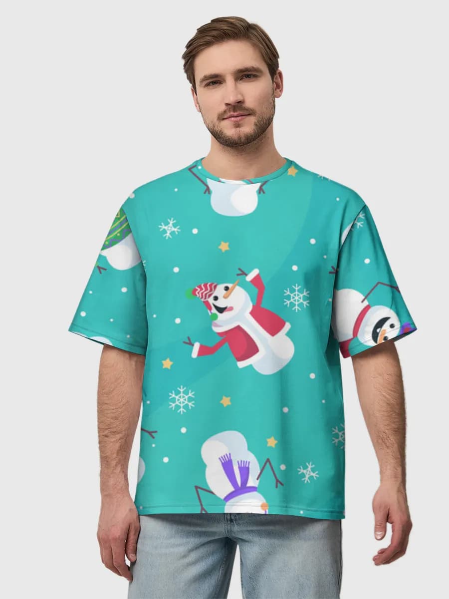 Playful Snowmen Winter Fun — Men's oversized cotton T-shirt with all-over print, Snowman theme