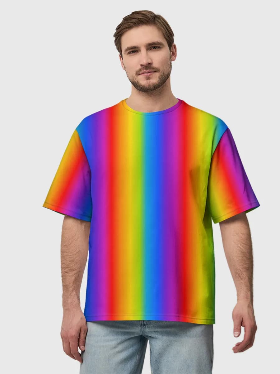 Rainbow Gradient Stripes — Men's oversized cotton T-shirt with all-over print, Rainbow theme