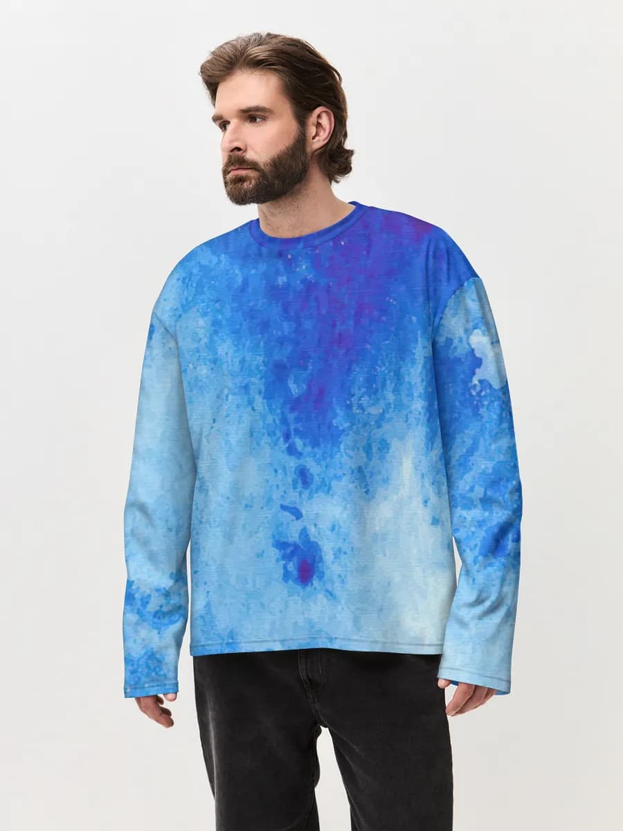 Blue Watercolor Wash — Men's oversized cotton long sleeve with all-over print, Abstract theme