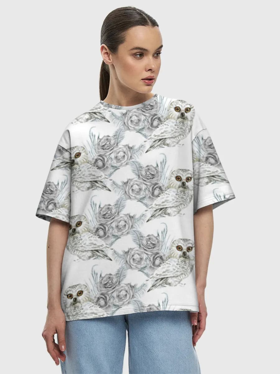 Snowy Owls And Roses — Women's oversized cotton T-shirt with all-over print, Owl theme